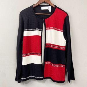 Alfred Dunner Cardigan Sweater Size M Red Black Retro 90s Preppy Colorblock Knit